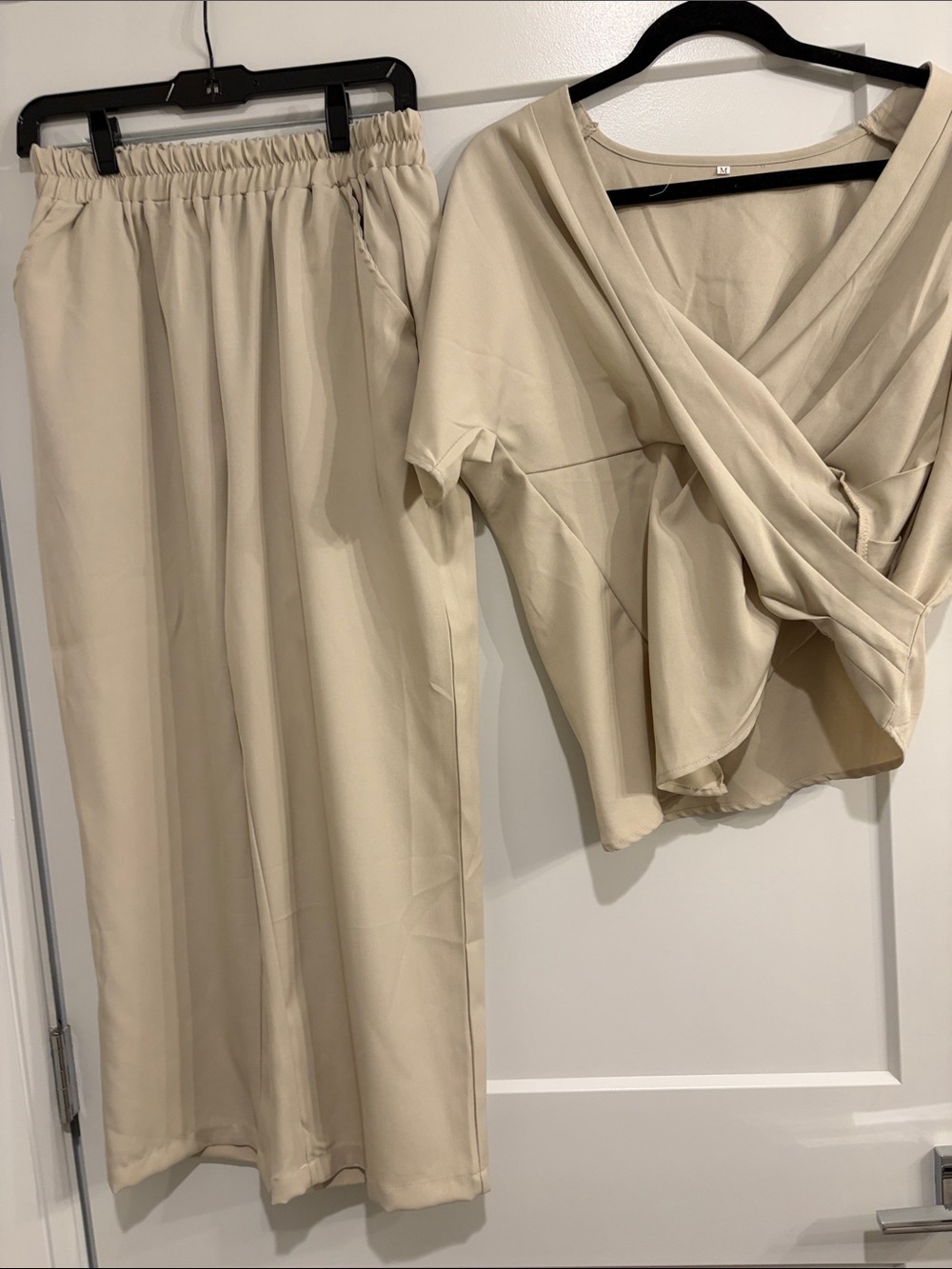 Neutral Cream Two-Piece pant outfir-Style Top and Wide Leg Pants